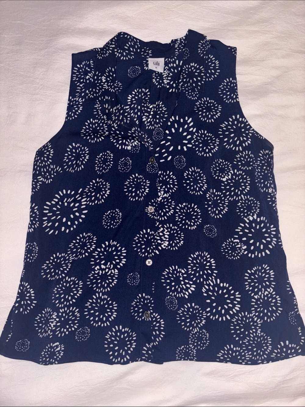 CAbi Navy Sleeveless Button-Front Top with White Burst Print